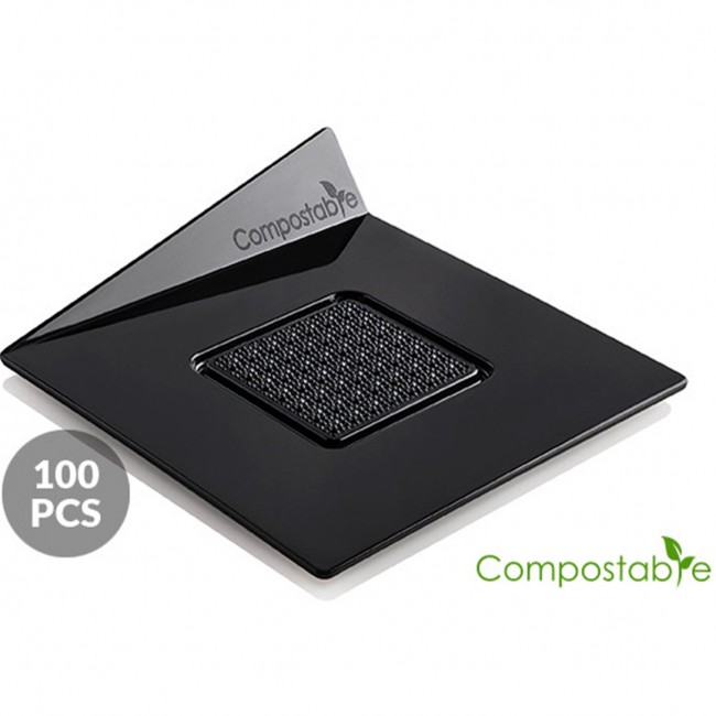 Подложка под пирожное пластиковая 83x83 мм 100 шт, SET 100 COMPOSTABLE BLACK TRAYS - SQUARE
